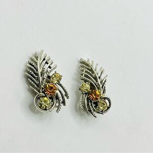 Vintage Coro Silver tone clip on Earrings with fall colored rhinestones